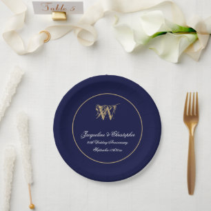Elk Jubileum Monogram Script Chic Navy Blue Papieren Bordje