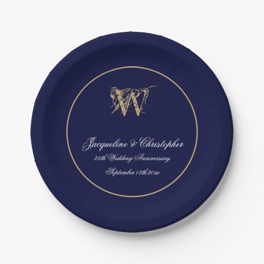 Elk Jubileum Monogram Script Chic Navy Blue Papieren Bordje (Voorkant)