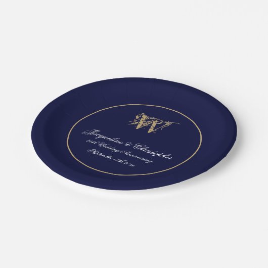Elk Jubileum Monogram Script Chic Navy Blue Papieren Bordje (Gekanteld)
