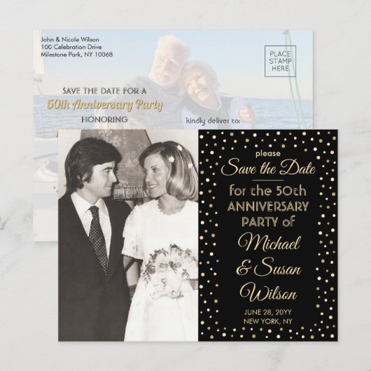 ELK Jubileum Save the Date Black & Gold 2 Foto Uitnodiging Briefkaart (Voorkant / Achterkant)