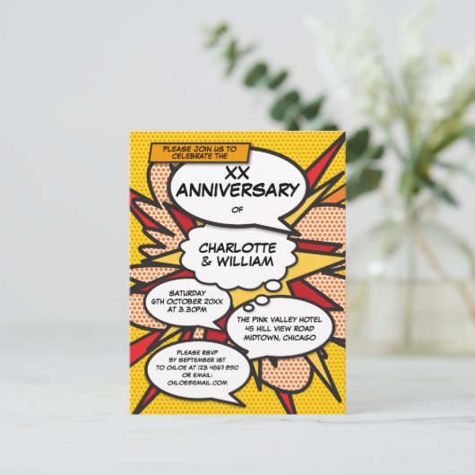 Elk Jubileum van het huwelijk Fun Retro Comic Book Aankondigingskaart (Staand voorkant)