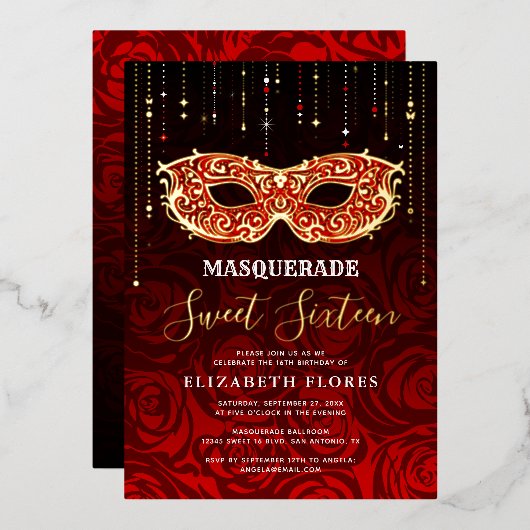 Elk kleurthema Sweet 16 Masquerade Birthday Folie Uitnodiging (Voorkant / Achterkant)