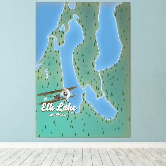 Elk Lake Michigan-kaart Canvas Afdruk (Insitu (Houten vloer))