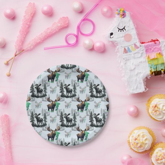 Elk Moose Antlers Herten Patroon Ontwerp Papieren Bordje (Feest)