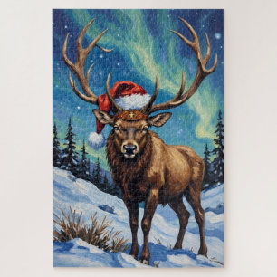 Elk Noble Bull Under the Northern Lights Hoed Legpuzzel