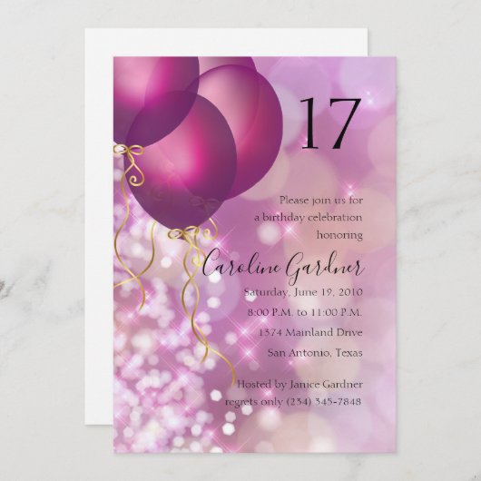 Elk nummer verjaardag roze ballonnen uitnodiging (Voorkant / Achterkant)