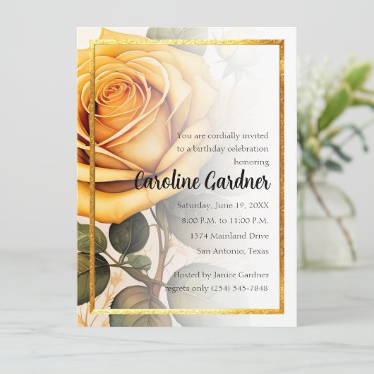 Elk nummer Verjaardag Uitnodiging Geel Rozen Goud (Staand voorkant)