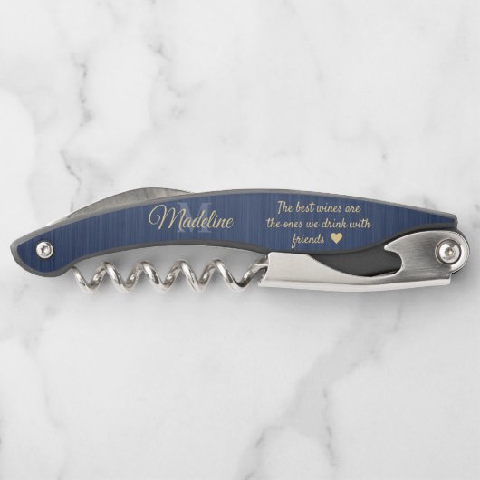 Elk Quote Script Monogram Geborsteld Blauw en Goud Kurkentrekker (Achterkant)