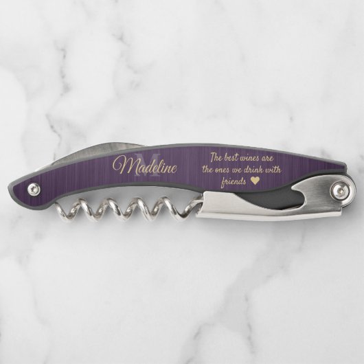 Elk Quote Script Monogram Geborsteld Paarse en Gou Kurkentrekker (Achterkant)