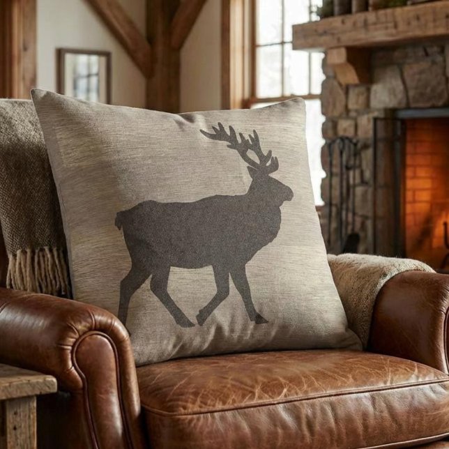 Elk Silhouette Reversible Throw Pillow Kussen (elk silhouette throw pillow for mountain cabin)