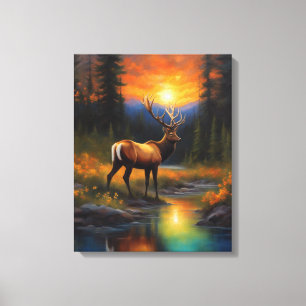 Elk Standing Mountain Steam Kleurrijke Zonsonderga Canvas Afdruk