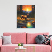 Elk Standing Mountain Steam Kleurrijke Zonsonderga Canvas Afdruk (Insitu (Woonkamer))