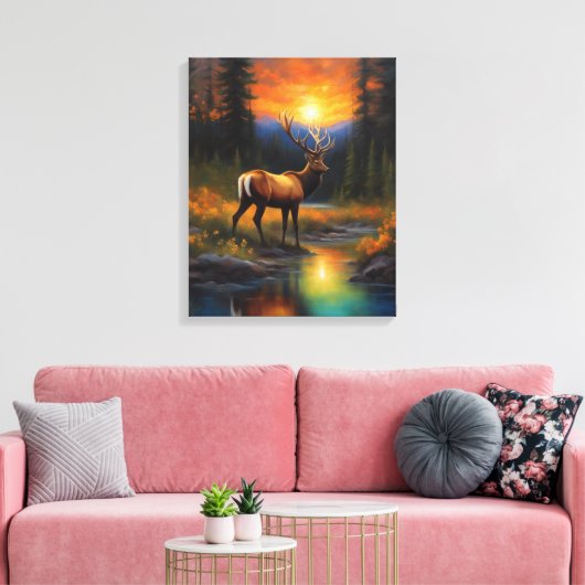 Elk Standing Mountain Steam Kleurrijke Zonsonderga Canvas Afdruk (Insitu (Woonkamer))