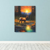 Elk Standing Mountain Steam Kleurrijke Zonsonderga Canvas Afdruk (Insitu (Houten vloer))