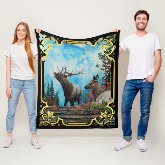 Elk, stier en koe in het bos van Montana Fleece Deken (In situ)