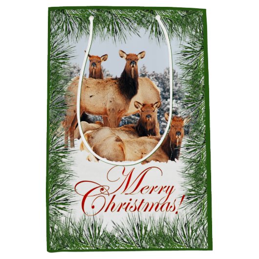 Elk Vrolijk Kerstfeest groet Medium Cadeauzakje (Voorkant)