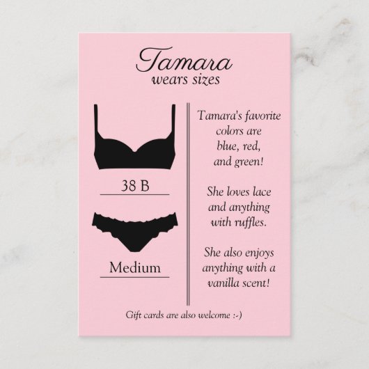 ELKE ACHTERGRONDKLEUR: lingerie maat insert kaart (Voorkant)