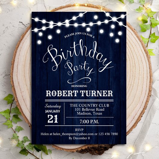 Elke Age Birthday Party - Rustic Navy Wood Kaart