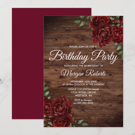 Elke Age Burgundy Red Rose Rustige Birthday Party Kaart (Voorkant / Achterkant)