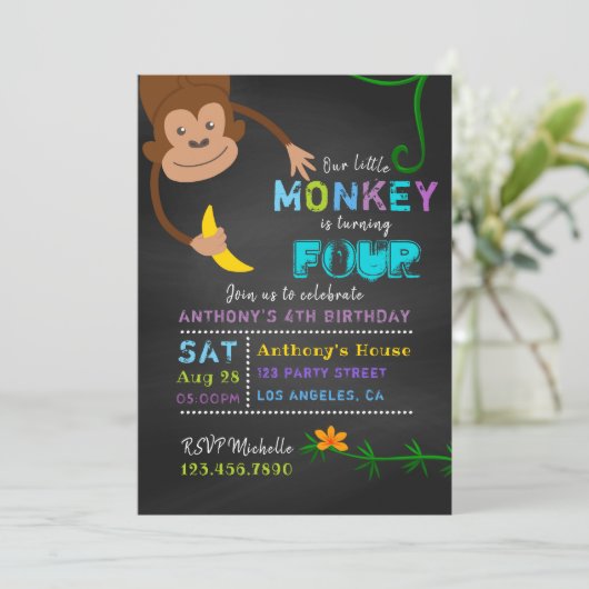 Elke Age Chalkboard Little Monkey Boy Kaart (Staand voorkant)