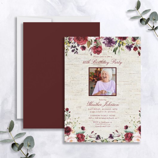 Elke Age Rustic Burgundy Floral Foto van Birthday Kaart
