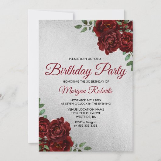 Elke Age Silver Foil Burgundy Roos Birthday Party Kaart (Voorkant)