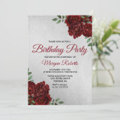 Elke Age Silver Foil Burgundy Roos Birthday Party Kaart (Staand voorkant)