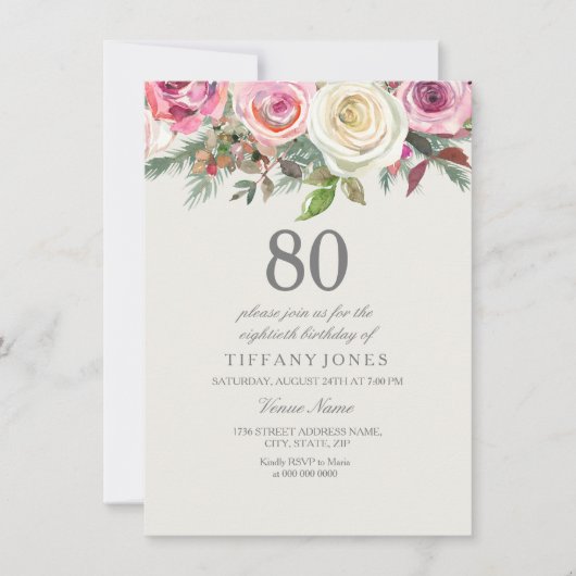 Elke Age White Rose Floral 80th Birthday Invite Kaart (Voorkant)