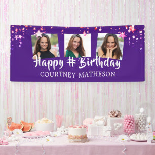 Elke Birthday Paarse roze sterren Foto gepersonali Spandoek