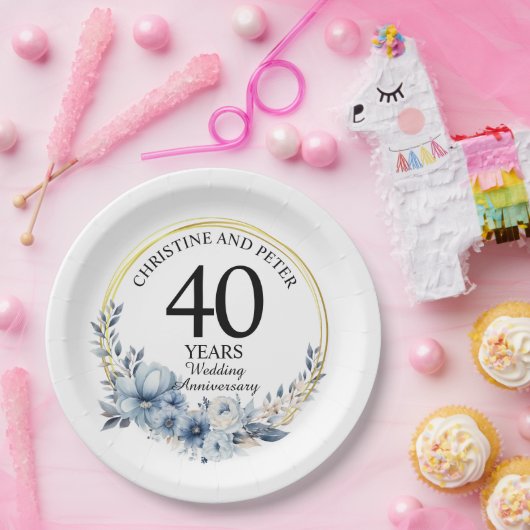 Elke bruiloft (40) Elegant Blauw Bloemen Jubileum Papieren Bordje (Feest)