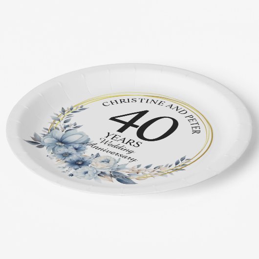 Elke bruiloft (40) Elegant Blauw Bloemen Jubileum Papieren Bordje (Gekanteld)