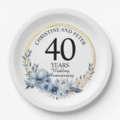 Elke bruiloft (40) Elegant Blauw Bloemen Jubileum Papieren Bordje (Voorkant)