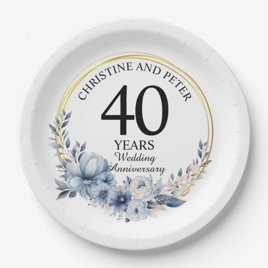 Elke bruiloft (40) Elegant Blauw Bloemen Jubileum Papieren Bordje (Voorkant)