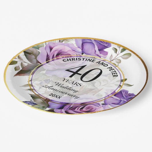 Elke bruiloft (40) Goud Lijst Rozen Jubileum Papieren Bordje (Gekanteld)