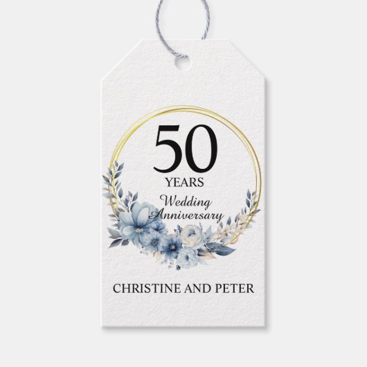 Elke bruiloft (50) Elegant Blauw Bloemen Jubileum Cadeaulabel (Voorkant)