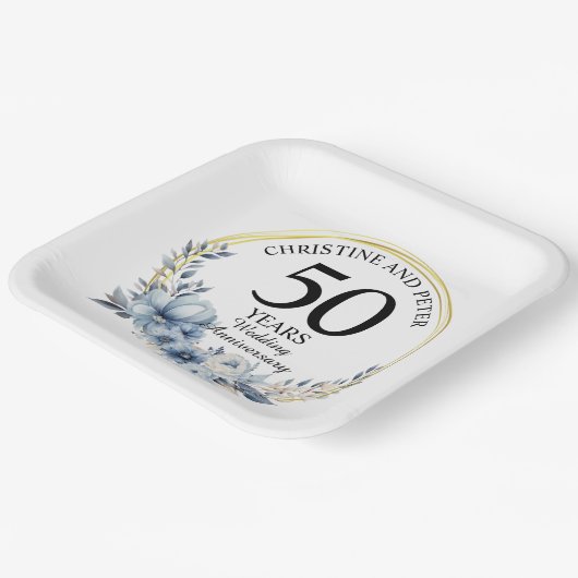 Elke bruiloft (50) Elegant Blauw Bloemen Jubileum Papieren Bordje (Gebogen)