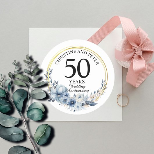 Elke bruiloft (50) Elegant Blauw Bloemen Jubileum Ronde Sticker
