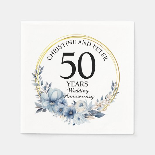 Elke bruiloft (50) Elegant Blauw Bloemen Jubileum Servet (Voorkant)