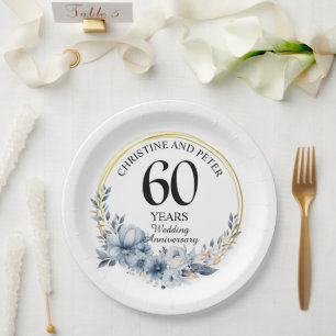 Elke bruiloft (60) Elegant Blauw Bloemen Jubileum Papieren Bordje