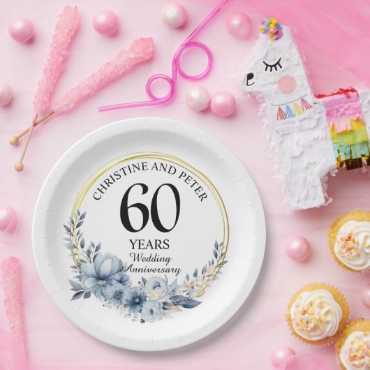 Elke bruiloft (60) Elegant Blauw Bloemen Jubileum Papieren Bordje (Feest)