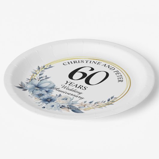 Elke bruiloft (60) Elegant Blauw Bloemen Jubileum Papieren Bordje (Gekanteld)