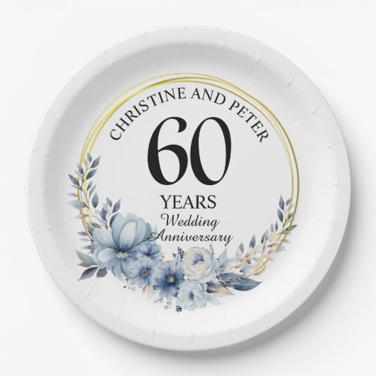 Elke bruiloft (60) Elegant Blauw Bloemen Jubileum Papieren Bordje (Voorkant)