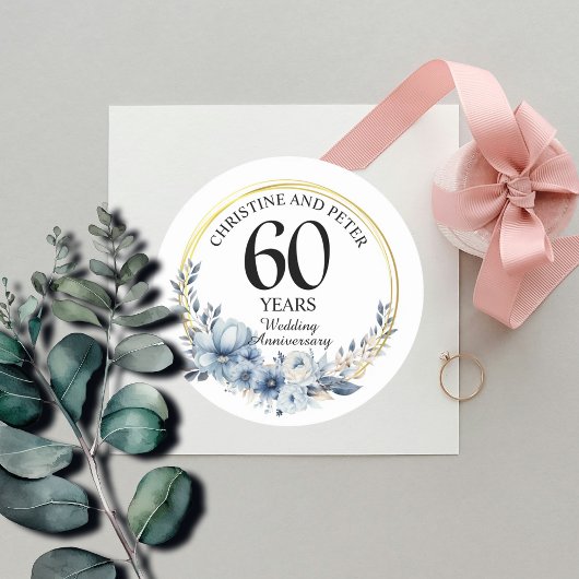 Elke bruiloft (60) Elegant Blauw Bloemen Jubileum Ronde Sticker