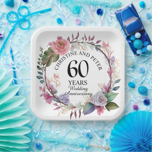 Elke bruiloft (60) Elegant Floral Jubileum Papieren Bordje (Feest)