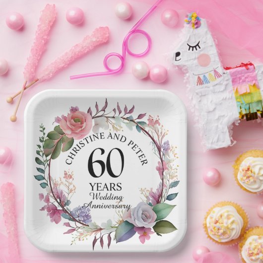 Elke bruiloft (60) Elegant Floral Jubileum Papieren Bordje (Feest)