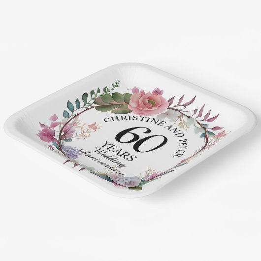 Elke bruiloft (60) Elegant Floral Jubileum Papieren Bordje (Gebogen)