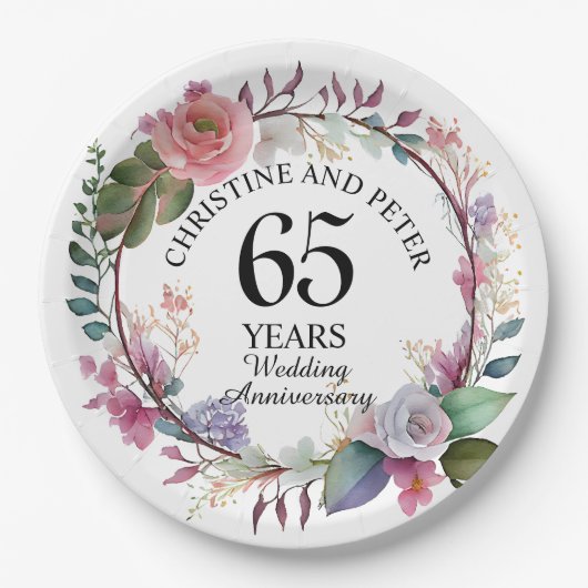 Elke bruiloft (65) Elegant Floral Jubileum Papieren Bordje (Voorkant)