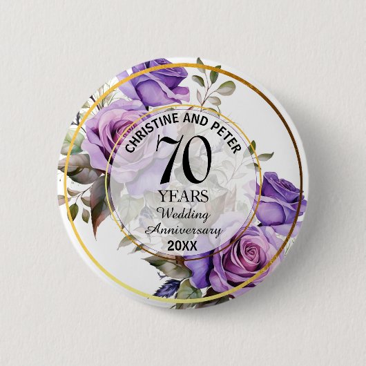 Elke bruiloft (70) Goud Lijst Rozen Jubileum Ronde Button 5,7 Cm (Voorkant)