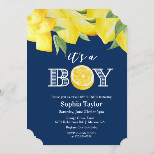 ELKE COLOR - Boy Lemon Baby shower Invitation Kaart (Voorkant / Achterkant)