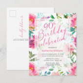 Elke dag 90e verjaardag van tropische Floral Pink  Uitnodiging Briefkaart (Voorkant / Achterkant)
